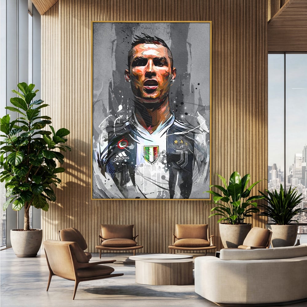 Tablou canvas cu tablou portret cristiano ronaldo juventus, in rama de aluminiu auriu, pe perete intr-un birou